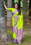Lemon Banarasi Silk Blend Saree With Blouse Piece