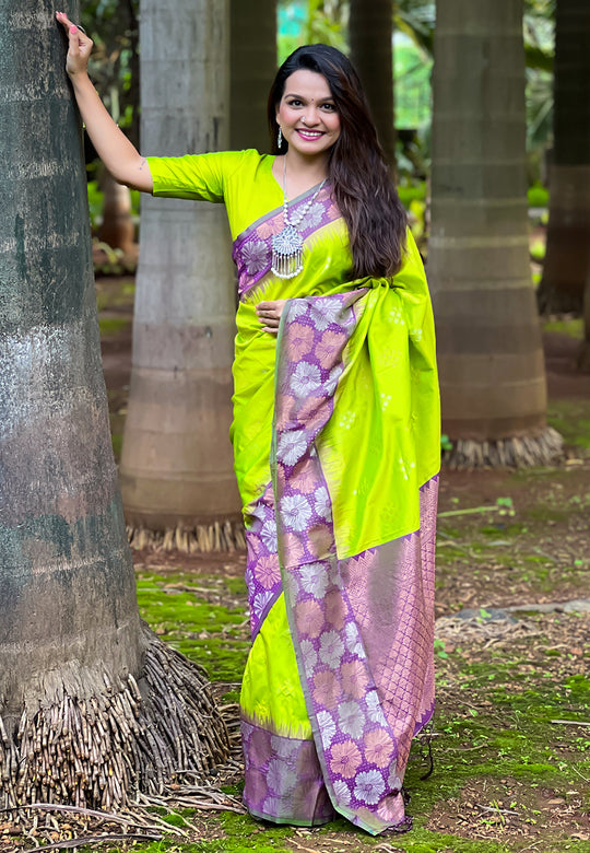 Lemon Banarasi Silk Blend Saree With Blouse Piece