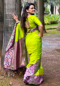 Lemon Banarasi Silk Blend Saree With Blouse Piece