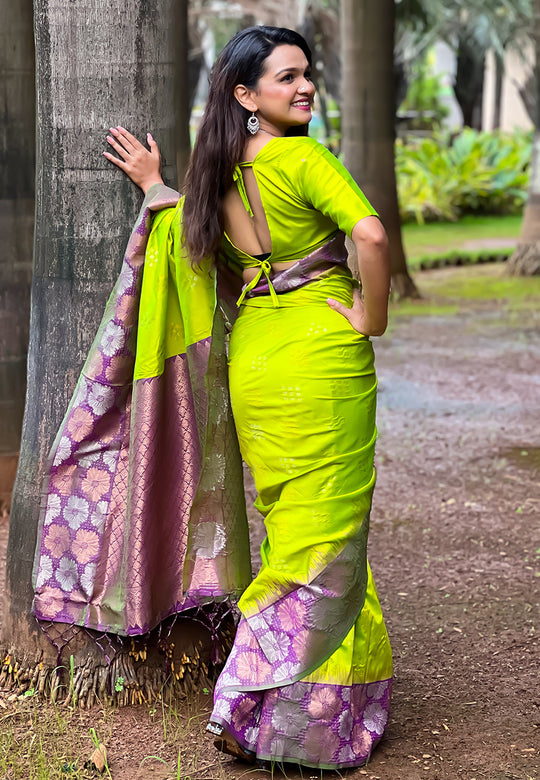 Lemon Banarasi Silk Blend Saree With Blouse Piece