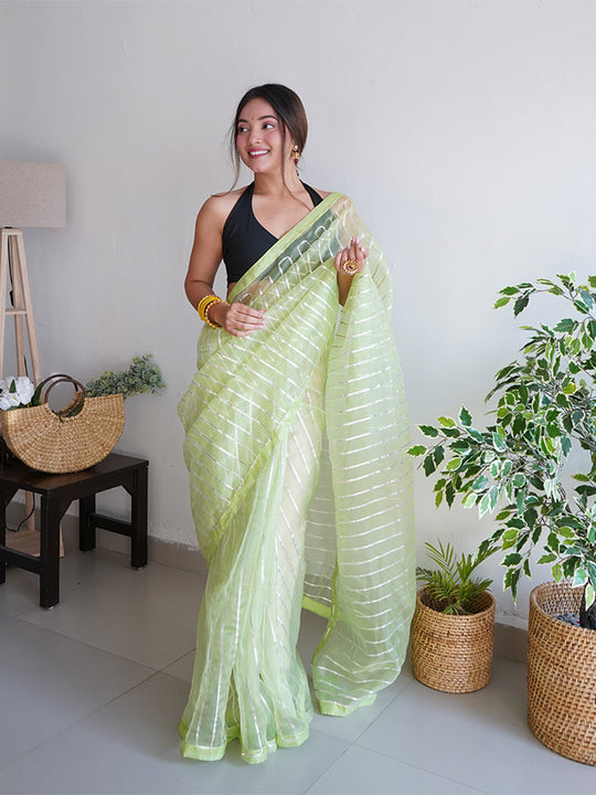 Green Organza Silk Saree With Blouse Piece