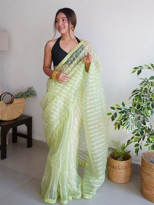 Green Organza Silk Saree With Blouse Piece