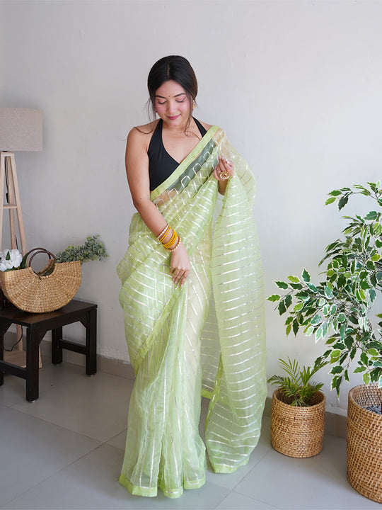 Green Organza Silk Saree With Blouse Piece