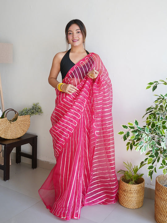 Pink Organza Silk Saree With Blouse Piece