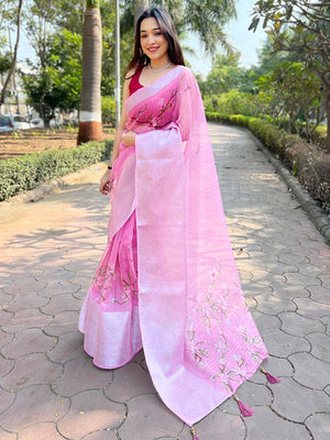 Pink Organza Saree With Blouse Piece