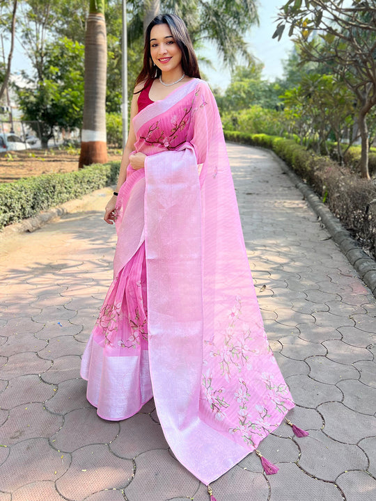 Peach Organza Saree With Blouse Piece