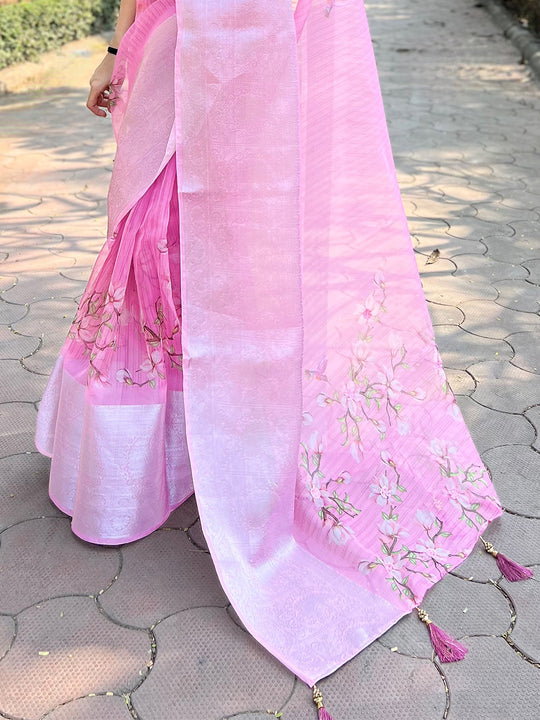 Peach Organza Saree With Blouse Piece