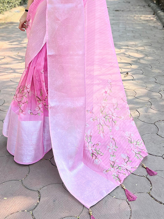 Pink Organza Saree With Blouse Piece