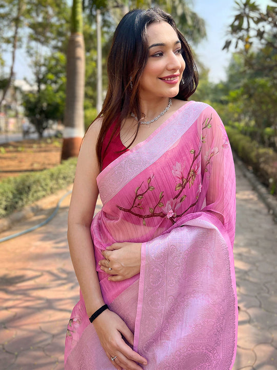 Pink Organza Saree With Blouse Piece