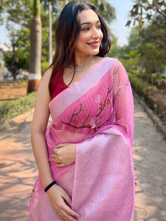 Peach Organza Saree With Blouse Piece