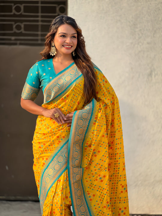 Yellow Banarasi Silk Blend Saree With Blouse Piece