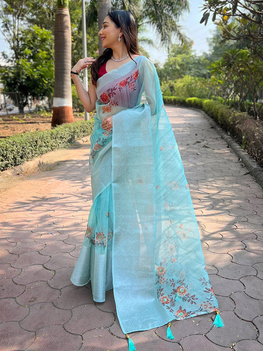 Green Organza Saree With Blouse Piece