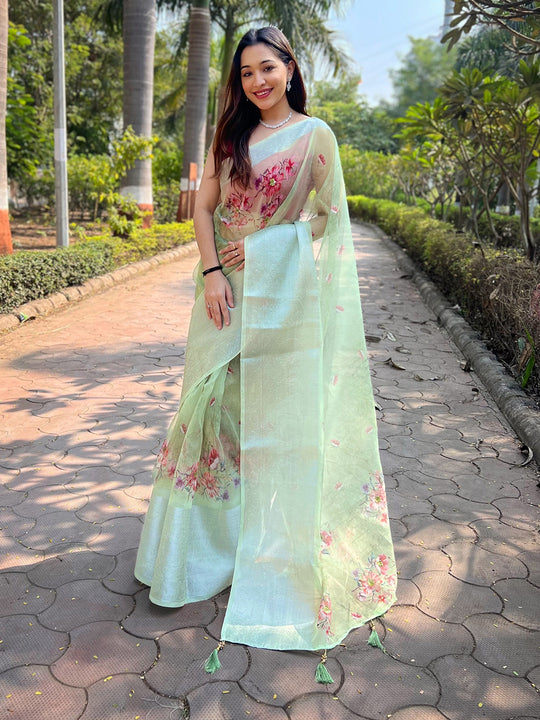 Pista Green Organza Saree With Blouse Piece