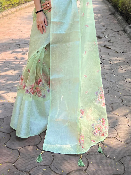 Pista Green Organza Saree With Blouse Piece