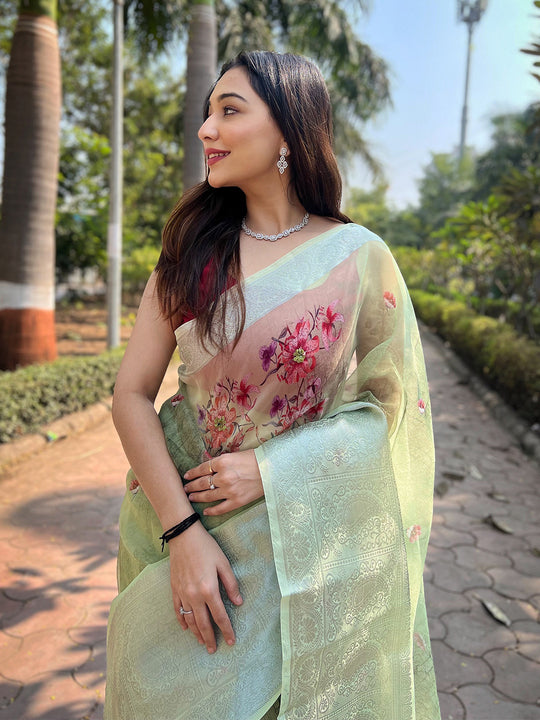 Pista Green Organza Saree With Blouse Piece