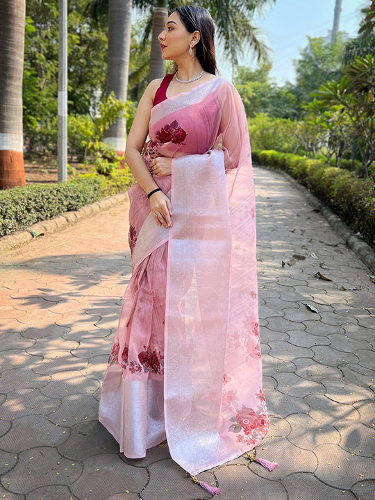 Baby Pink Organza Saree With Blouse Piece