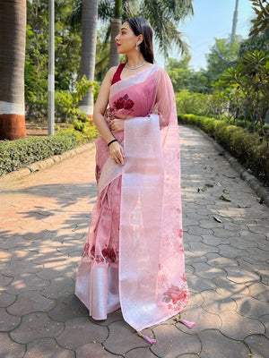 Baby Pink Organza Saree With Blouse Piece