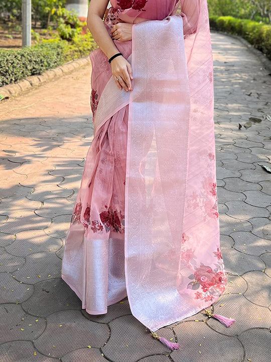 Baby Pink Organza Saree With Blouse Piece