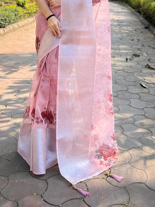 Baby Pink Organza Saree With Blouse Piece