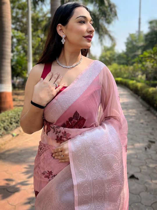 Baby Pink Organza Saree With Blouse Piece