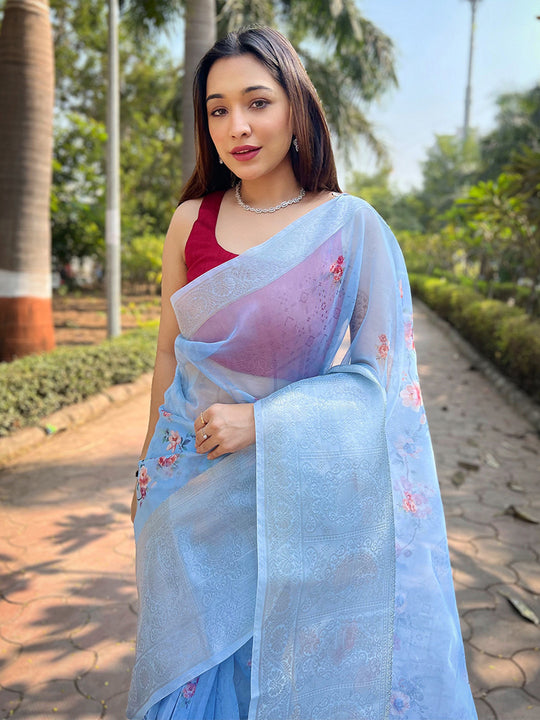 Light Blue Organza Saree With Blouse Piece