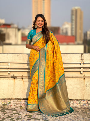 Yellow Banarasi Silk Blend Saree With Blouse Piece