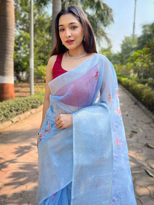 Light Blue Organza Saree With Blouse Piece