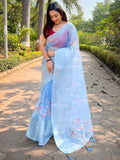Light Blue Organza Saree With Blouse Piece