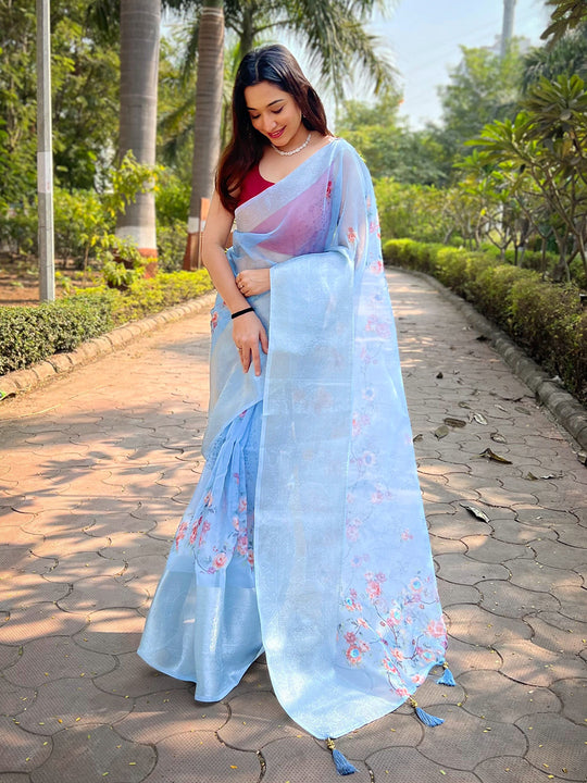 Light Blue Organza Saree With Blouse Piece
