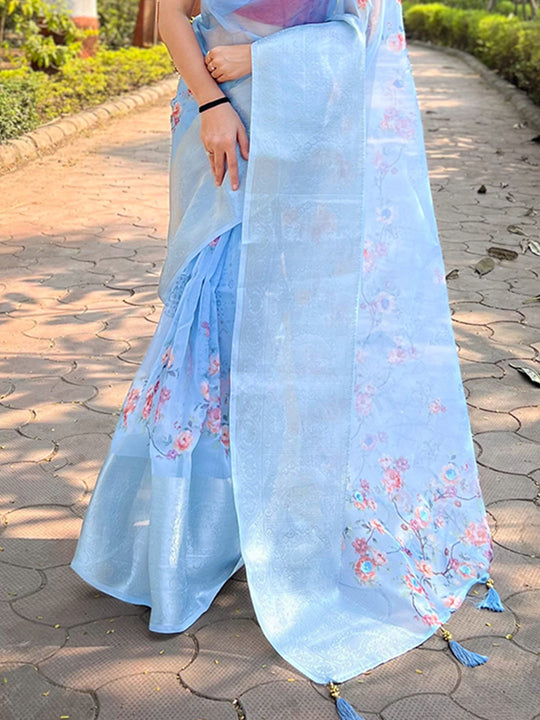 Light Blue Organza Saree With Blouse Piece