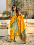 Yellow Banarasi Silk Blend Saree With Blouse Piece