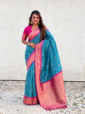 Rama Banarasi Silk Blend Saree With Blouse Piece