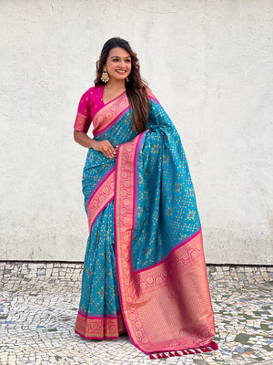 Rama Banarasi Silk Blend Saree With Blouse Piece