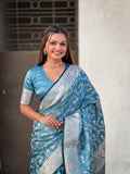 Blue Banarasi Silk Blend Saree With Blouse Piece