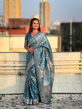 Blue Banarasi Silk Blend Saree With Blouse Piece