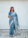 Blue Banarasi Silk Blend Saree With Blouse Piece