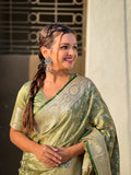 Green Banarasi Silk Blend Saree With Blouse Piece