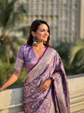 Levender Banarasi Silk Blend Saree With Blouse Piece