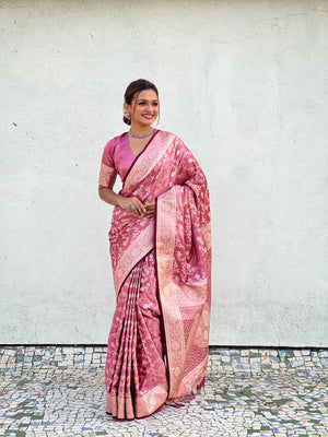Pink Banarasi Silk Blend Saree With Blouse Piece