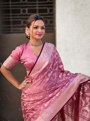 Pink Banarasi Silk Blend Saree With Blouse Piece