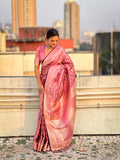 Pink Banarasi Silk Blend Saree With Blouse Piece