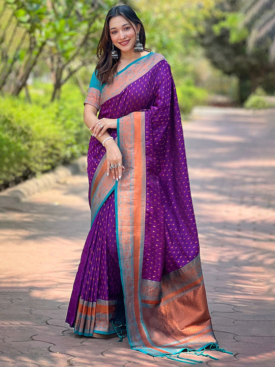 Purple Banarasi Silk Blend Saree With Blouse Piece