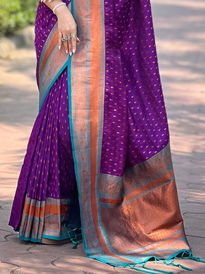 Purple Banarasi Silk Blend Saree With Blouse Piece