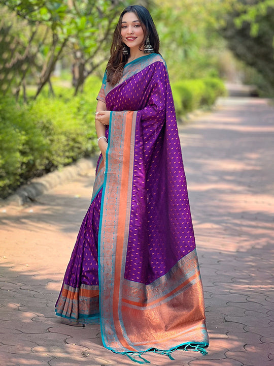 Purple Banarasi Silk Blend Saree With Blouse Piece