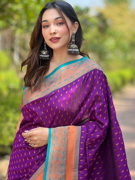 Purple Banarasi Silk Blend Saree With Blouse Piece