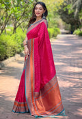 Pink Banarasi Silk Blend Saree With Blouse Piece