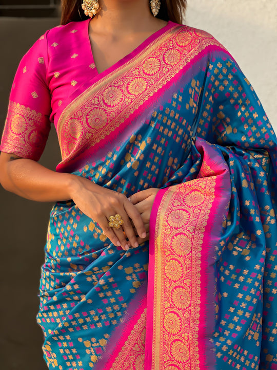 Blue Banarasi Silk Blend Saree With Blouse Piece