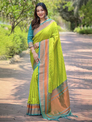 Olive  Banarasi Silk Blend Saree With Blouse Piece