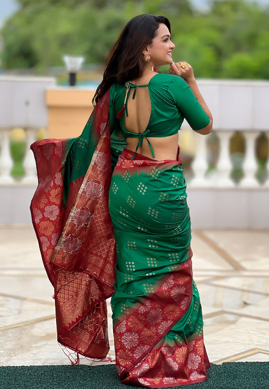 Green Banarasi Silk Blend Saree With Blouse Piece