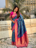 Blue Banarasi Silk Blend Saree With Blouse Piece